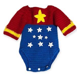 Baby Crochet Knitted Wonder Woman Sweater Onesie Costume Size 3 to 6 months